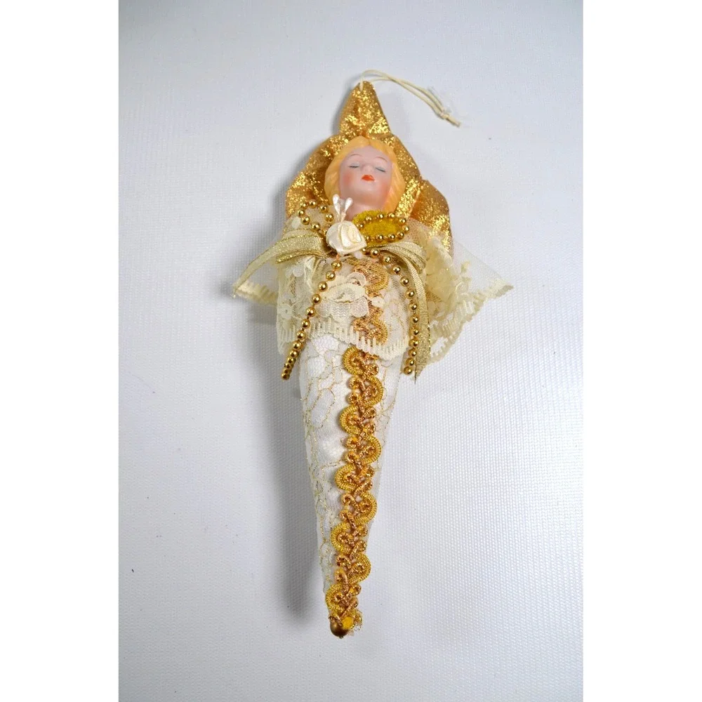 Vintage Porcelain Faced Angel Christmas Tree Ornament in Cone Gown 10